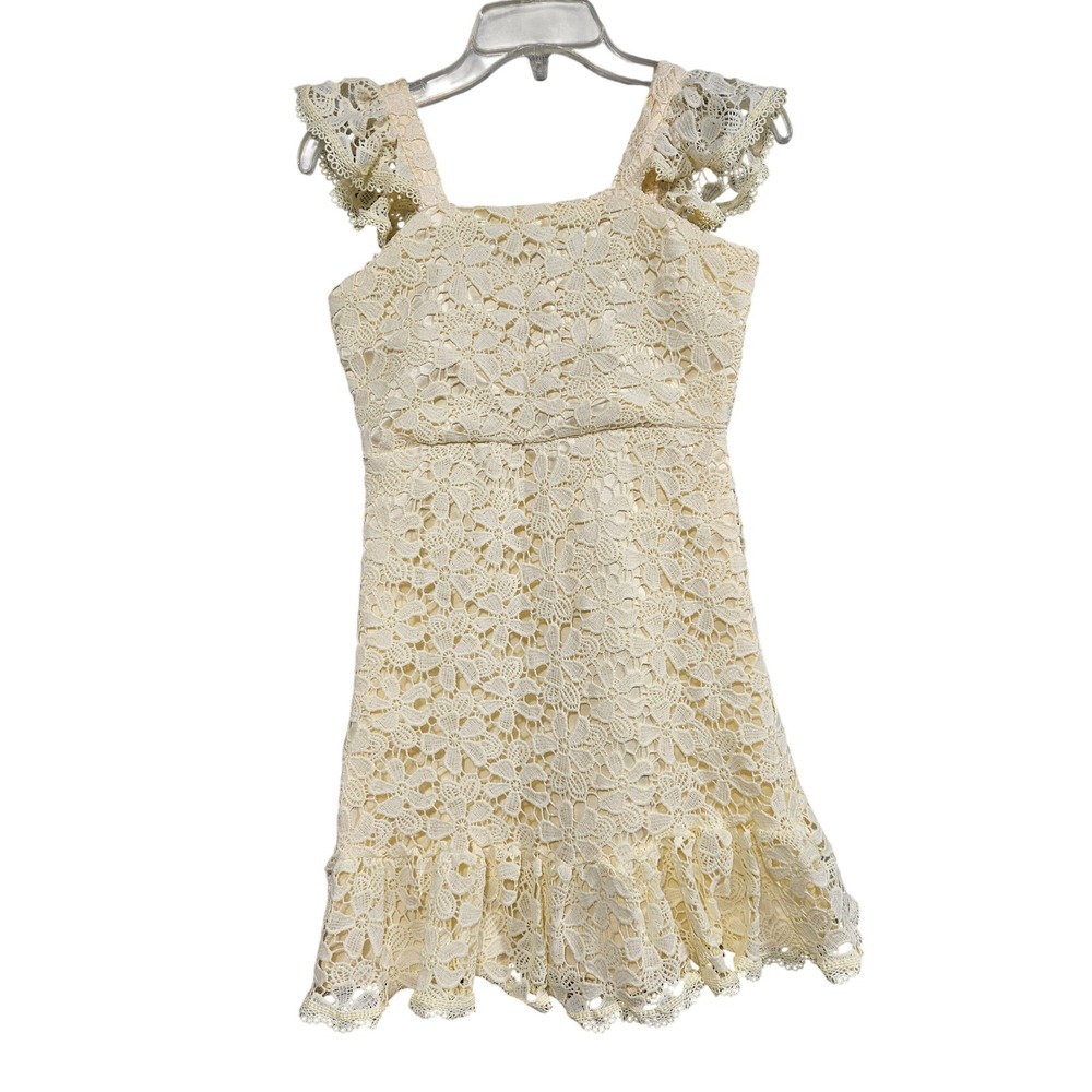 Rare Editions Girls Cream Floral Lace Flutter Sleeve Ruffle Dress S 14  E428704